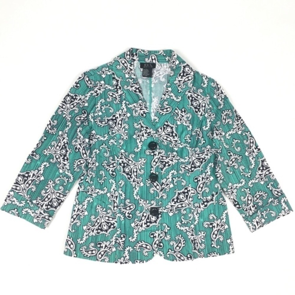 RQT Jacket Blazer Vintage Style Paisley Stripe 3 Button Aqua Teal Petite Small